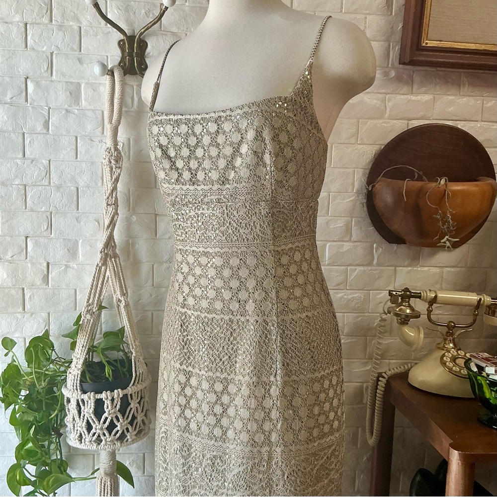 Vintage 90s Y2K Michelangelo Rhinestone Spaghetti Strap Gold Crochet Sequin Gown - Picture 3 of 14